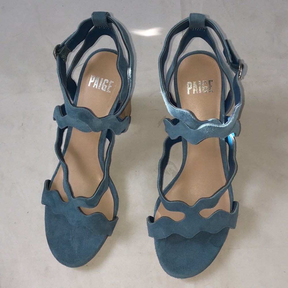 PAIGE Blue Sage Scalloped Strappy Sandals Block Heel Suede 7 NEW - Picture 8 of 12